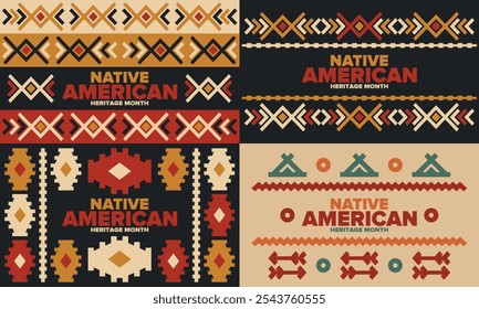 Mes de la Herencia Nativa Americana en noviembre. Cultura india americana. Celebrar anualmente en Estados Unidos. Patrón de tradición. Póster, tarjeta, Anuncio y fondo. Ornamento de Vector, ilustración