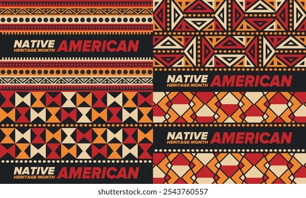 Mes de la Herencia Nativa Americana en noviembre. Cultura india americana. Celebrar anualmente en Estados Unidos. Patrón de tradición. Póster, tarjeta, Anuncio y fondo. Ornamento de Vector, ilustración