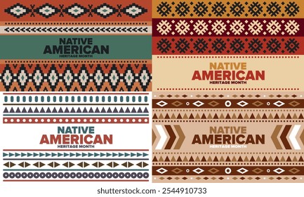 Mes de la Herencia Nativa Americana en noviembre. Cultura india americana. Celebrar anualmente en Estados Unidos. Patrón de tradición. Póster, tarjeta, Anuncio y fondo. Ornamento de Vector, ilustración