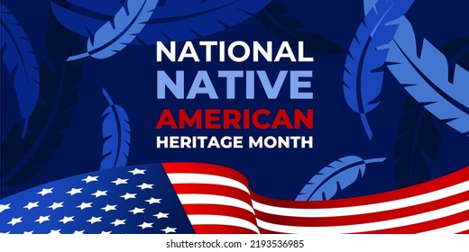 Native american heritage month. Vector banner, poster, card for social media with the text National native american heritage month. Background with a national ornament, a pattern of feathers and