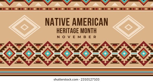 Mes del legado de los nativos americanos. Pancarta vectorial, afiche, tarjeta, contenido para medios sociales con el texto Mes del legado nativo americano, noviembre. Fondo beige con borde ornamento nativo.