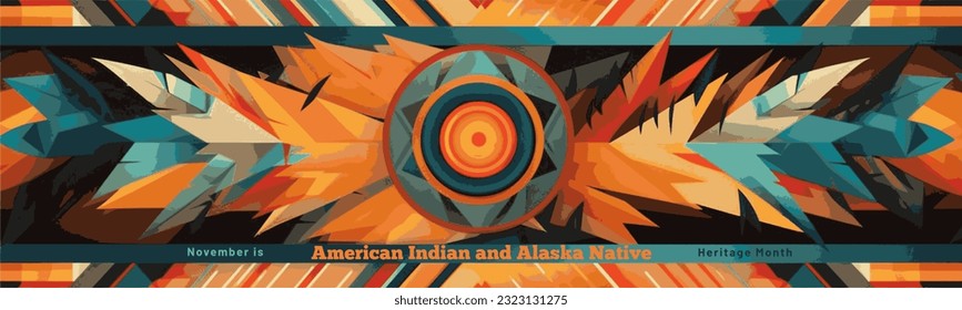 Mes del legado de los nativos americanos. Pancarta vectorial, afiche, tarjeta. Mes del patrimonio nacional de los nativos americanos. Antecedentes con un patrón de plumas con texto Indio americano y "Mes del Legado Nativo de Alaska"