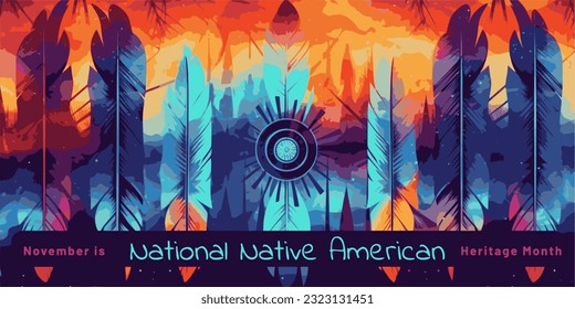 Native american heritage month. Vector banner, poster, card. National native american heritage month. Background with feathers with text 