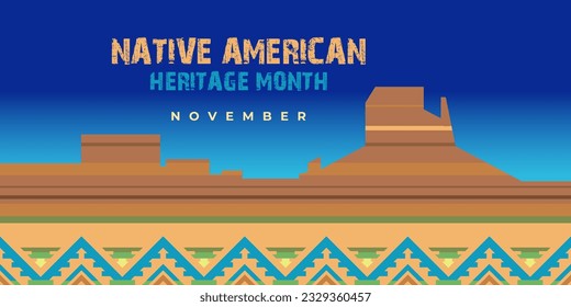 Mes del legado de los nativos americanos. Pancarta vectorial, afiche, tarjeta, contenido para medios sociales con el texto Mes del legado nativo americano, noviembre. Antecedentes nativos con roca y borde adorno.