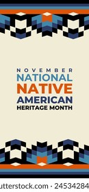 Native american heritage month. Vector vertical banner, poster, card, content for social media. Beige and blue background with native ornament border.