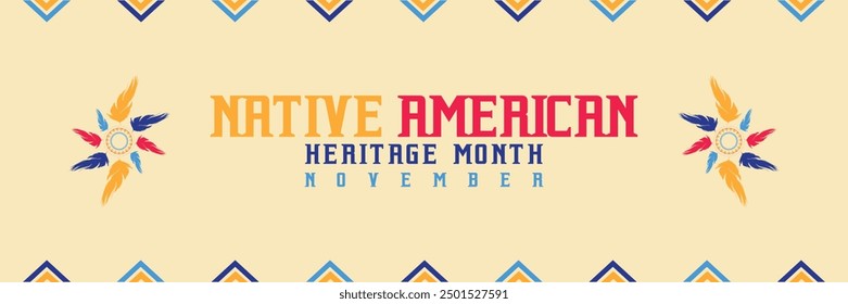 Native american heritage month. Vector banner, poster, card, content for social media with the text Native american heritage month, november. Blue background with native ornament.
