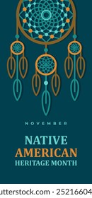 Native american heritage month. Vector vertical banner, poster, card, content for social media. Green background with native ornament border and dream catcher.