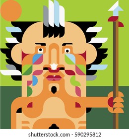 Native American with his face painted with feathers and holding a spear in the sun. Vector illustration of a modern flat style.