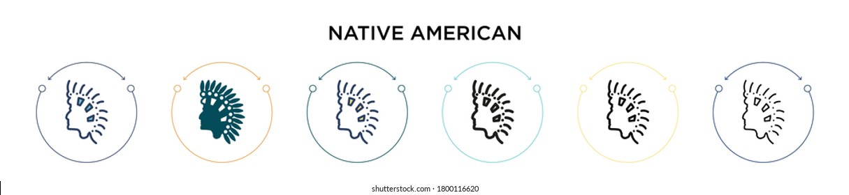 Icono nativo americano en estilo relleno, delgado, contorno y trazo. Ilustración vectorial de dos diseños nativos de iconos nativos de color y negro para móviles, ui, web