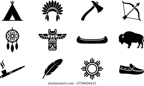 Native American icons vector set in black silhouette style, featuring teepee tent, feather headdress, tomahawk, bow and arrow, dreamcatcher, totem pole, canoe, bison, peace pipe, feather, sun symbol and moccasin shoe, perfect for cultural projects, history education, logos and illustration.