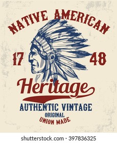 Native american illustration, vintage typography for t-shirt. 