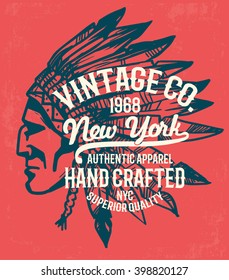 Native american illustration, vintage typography for t-shirt.