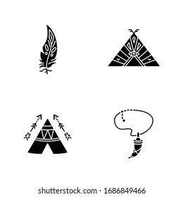 Native american indian accessories black glyph icons set on white space. Tribe chief teepee. Necklace with tooth, eagle feather. Wigwam with ornaments. Silhouette symbols. Vector isolated illustration