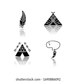 Native american indian accessories drop shadow black glyph icons set. Necklace with tooth, eagle feather. Wigwam with arrows and ethnic ornaments. Isolated vector illustrations on white space