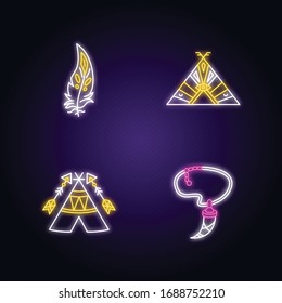 Native american indian accessories neon light icons set. Tribe chief teepee. Wigwam with arrows and ethnic ornaments. Signs with outer glowing effect. Vector isolated RGB color illustrations