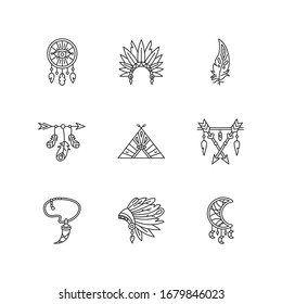 Native american indian accessories pixel perfect linear icons set. Tribe chief hat and teepee. Customizable thin line contour symbols. Isolated vector outline illustrations. Editable stroke