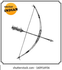 Native American indian bow with arrow in a sketch style. Hand-drawn card. Vector illustration.
