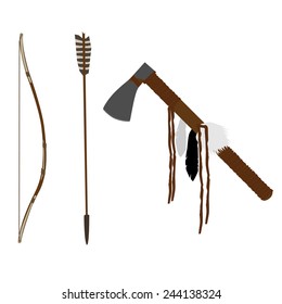 Native american indian bow and tomahawk, traditional weapon