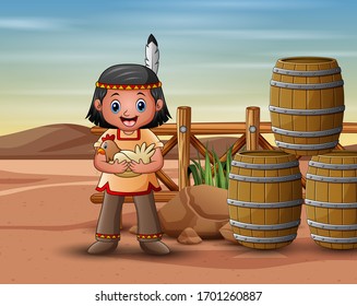 Native american indian boy with hen in front the cage