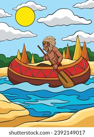 Native American Indian Canoe Colored Cartoon