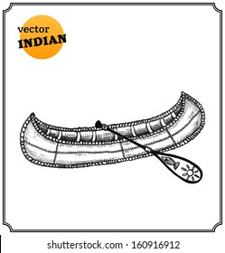 Native American indian canoe with oar in a sketch style. Hand-drawn card. Vector illustration.