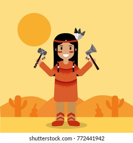 native american indian character holding tomahawk and axe