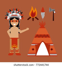 native american indian character teepee axe and bonfire