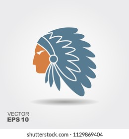 Native American Indian chief with feather headdress vector flat icon