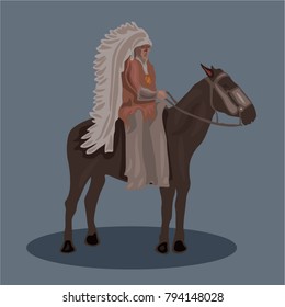 Native american indian chief with feathers on his hea on horseback on grey background. Vector illustration
