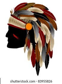 Native American Indian chief with feathers, isolated object  over white background