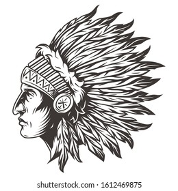 Native american indian chief head with traditional feathers headdress in vintage monochrome style isolated vector illustration