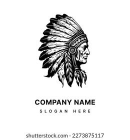 native american indian chief head logo hand drawn illustration