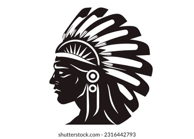 Native American Indian Chief Head, Portrait. Side view, silhouette vector iilustration.