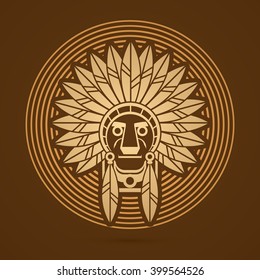 Native American Indian chief , Head designed on gold line cycle background graphic vector.