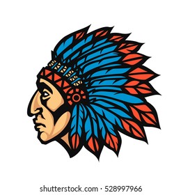 Native American Indian Chief head profile. Mascot sport team logo. Vector illustration logotype