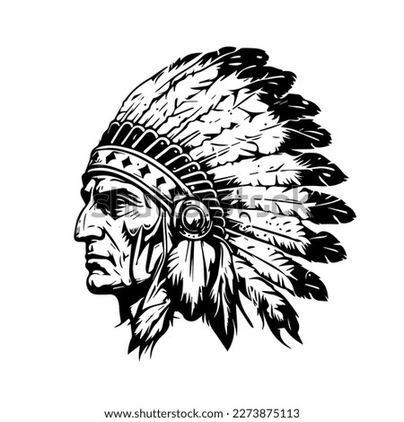 native american indian chief head logo hand drawn illustration 商業照片 © 