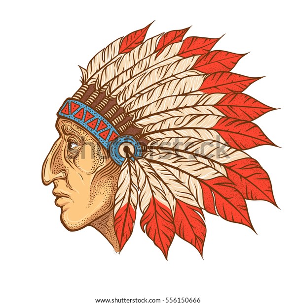 ネイティブ アメリカン インディアンの首席プロフィール ベクタービンテージイラスト 手描きのスタイル 黒工の入れ墨 ボヘミア元素 のベクター画像素材 ロイヤリティフリー