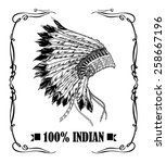 Native american indian chief headdress. Whiskey label design. Vector illustration in black and white style