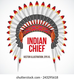Native American Indian chief headdress with plumage. Front view. Vector Illustration Isolated on white background.