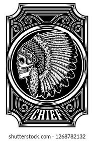 Native American Indian Chief Skull in Black and White