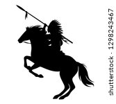 native american indian chief with spear and feathered headdress riding a horse - black vector silhouette