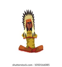 Native American Indian chief in traditional clothing sitting in lotus position vector Illustration on a white background