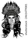 native american indian chief woman wearing traditional feathered headdress black and white vector