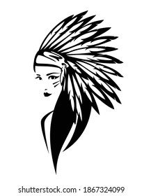 native american indian chief woman wearing traditional feathered headdress black and white vector portrait