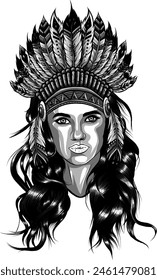 native american indian chief woman wearing traditional feathered headdress black and white vector