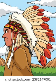Native American Indian Chieftain Colored Cartoon
