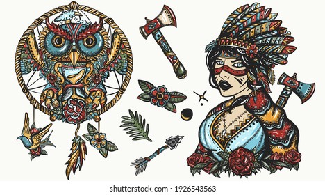 Native American Indian color old school tattoo vector collection. Ethnic warrior girl, shamanic female, dream catcher, owl. Tribal culture and history. Traditional tattooing style 