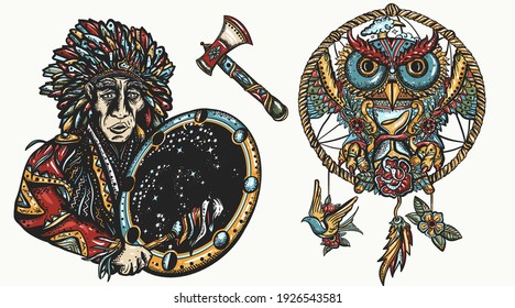 Native American Indian, color old school tattoo vector collection. Tribal culture and history. Traditional tattooing style. Ethnic warrior, dream catcher, owl and old cherokee shaman 