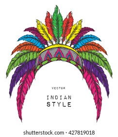 Native American Indian colored chief. Red and black roach. Indian feather headdress of eagle.