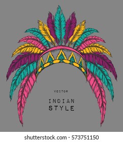 Native American Indian colored chief. Red and black roach. Indian feather headdress of eagle.